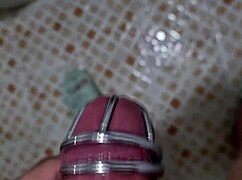 korslaveman, young asian amateur, pees with homemade chastity belt on his cock during solo session