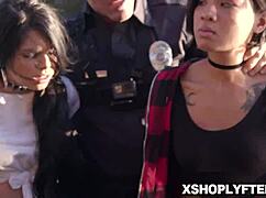 LP Officer Whips Out His Big Cock, Two Shoplifter Teens Wrap Lips Around It in Shop