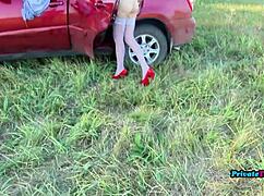 russian girl masturbates with dildo in car on camera