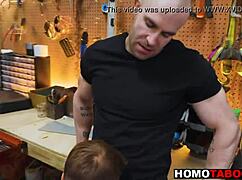 Muscle step daddy teaches bratty stepson a lesson with bareback anal fucking and rimjob