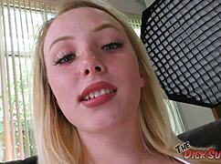 Blonde Dixie Lynn COVERED in CUM after jerking BIG COCK!