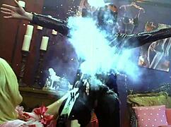 Alexis texas and shyla stylez fuck this old guy's dick through his leather chaps in group.