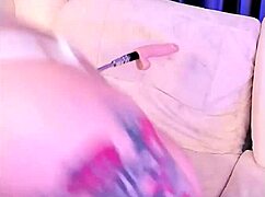 Blonde with blue eyes and glasses in cosplay overwhelmed by giant dildo, squirting passionately