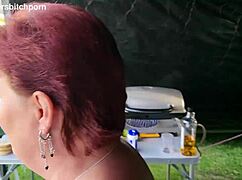 filthy kiwi mature milf pisses on the ground at the campground while campers are around