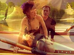 A beautiful girl with small 18+ tits rode a strong man on a boat