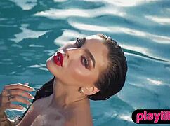 Big ass stunning beauty strips to flaunt naked figure in the pool