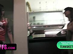 Pretty teen girls at pajama party with glasses and strapon play