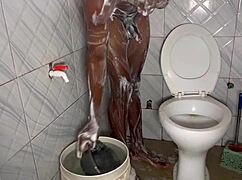 In the shower, she meets a big cock.