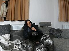 Mature milf masturbates in fur hooded downjacket with dildo and dirty talk