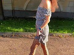 Teen Brunette Flashes Ass Plug Upskirt in Fishnet Pantyhose on Street