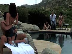Sexy couple's steamy pool fucking outdoors