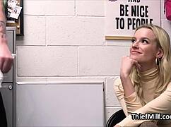 Milf caught with stolen dildos kneels in office