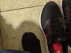 she gets naked and masturbates in a public toilet, feeling exposed