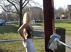 German blonde teen feels vulnerable naked in public ass exposed