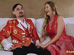 blonde in leggings sucks shaved pussy cock