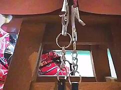 Big pink pussy lips dangled and stretched with weights