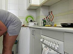 Amateur cuckold wife gets fucked by stepson in her kitchen while husband is at work