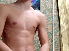 Skinny Boy Flexes Muscles After Study Session