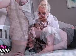 teacher & head girl dominate student in wild group fun