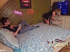 Mother-in-law warms stepson during pac-man, he fucks her and fills pussy before eating sperm