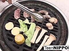 japanese girlfriend blows guy outdoors passionately