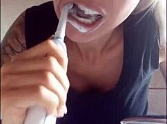 chantal fills her mouth with toothpaste on the toilet spitting close-up fetish fun