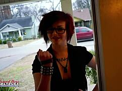 Inked brunette marci dildo fucks her shaved pussy while squeezing those big tits