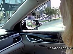 Blonde teen hitchhiker sucks and fucks stranger in car