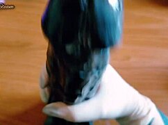 teasing handjob on huge black dildo using sexy gloves