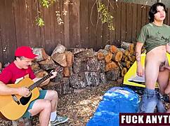 Three teens freeuse hot camping chick bending over for relentless group pounding