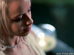 Silky blonde milf gives erotic handjob blowjob to cumshot finish