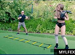 Blonde milf Britney Amber gets pummeled outdoors by Logan Pierce after striptease