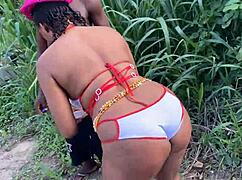 rough outdoor fucking with girlfriend and friend leads to spanking orgasms and monster cock slaps