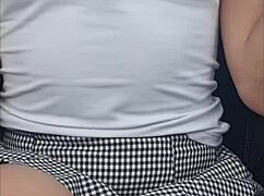 While Boyfriend Drives I Tease with Dildo and Cum All Over His Car Seat.