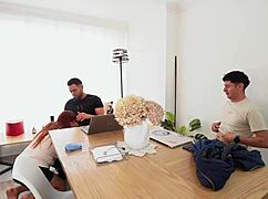 horny employee takes two students' big cocks in quickie threesome