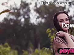 rain pours as petite ukrainian milf rips clothes showing nude bubble butt and small tits