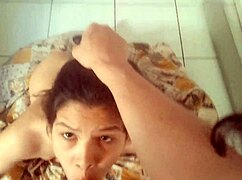 whoa, skinny tattooed brunette gags on my cock til facial explosion