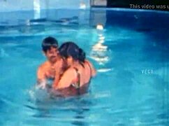 Married Indian bride sneaks pool fun with friend