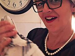 Innocent looking housewife Karina in kitchen bends for no-limits action