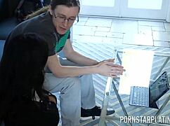 Skinny brunette Violet Myers screams riding repairman Conor Coxxx's huge cock with big tits bouncing