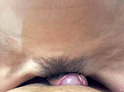 oily babe with big pussy lips strokes monster cock till cum covers her tits pov