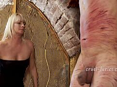 Cruel Blonde Milf Mistress Brutally Whips Submissive Cock