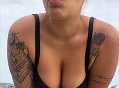 tight yellow bikini splits swollen pussy on crowded beach