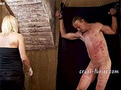 Cruel Blonde Milf Mistress Brutally Whips Submissive Cock