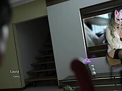 whoa busty milf chokes hard on huge dildo in golden boy cosplay game 😩💦