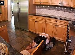 Stepdaughter slurps stepdad's monster cock then rides him hard in missionary till creampie fills tight teen pussy