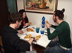 pizza delivery turns into mmf threesome with skinny slut