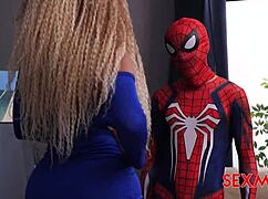 sexmex spiderman punishes carla morelli's big tits and ass in the garage with quickie fuck