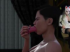 whoa busty milf chokes hard on huge dildo in golden boy cosplay game 😩💦