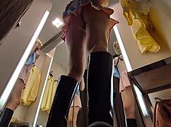 hot blonde's see-through skirt hides wet pussy in hidden dressing room cam